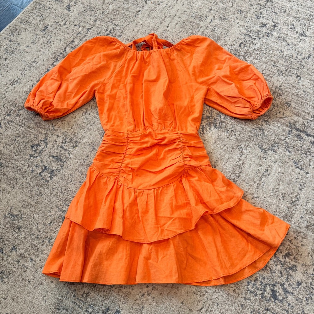 All About May Orange Cotton Linen Puff Sleeve Ruched Ruffle Mini Dress US 2